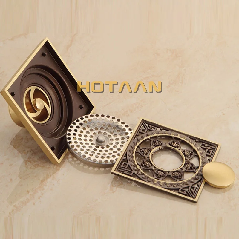 . High Quality Antique Brass Carved Flower Art Bathroom Accessory Floor Drain Waste Grate100mm*100mm YT-2101