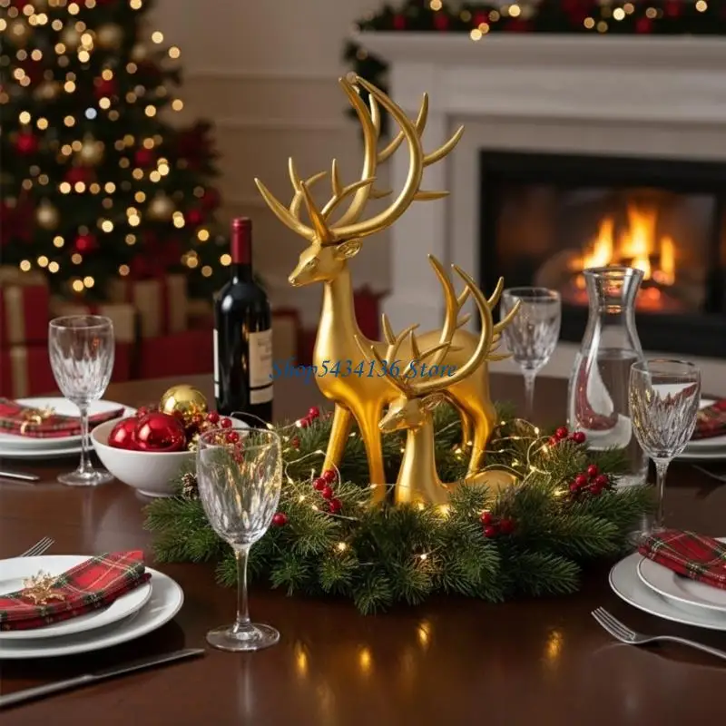 H7ED Double Pose Reindeer Statue Set Resins Craft Ornaments Festives Home Decors Gift