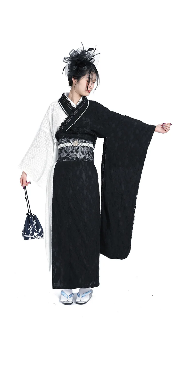 Japanese Style Women's Lace Kimono Graduation Dress Black/White Color Modified Big Sleeve Formal Women's Clothing