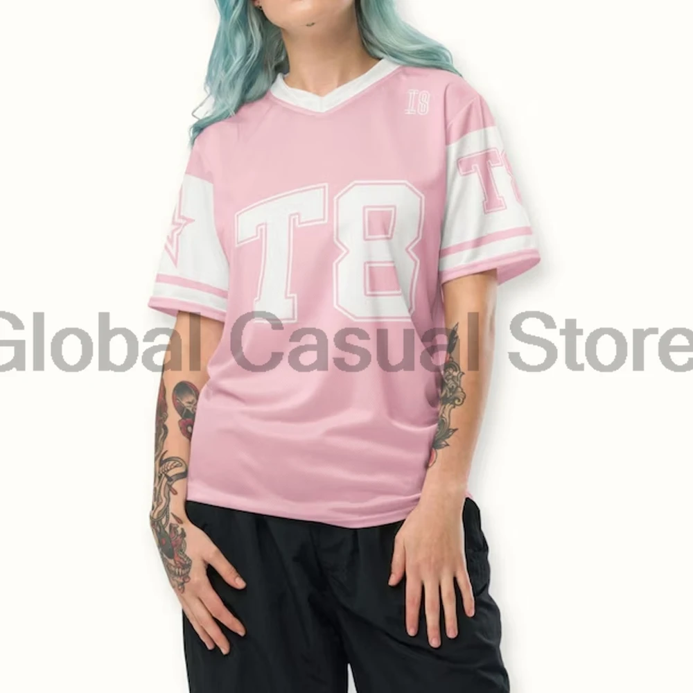 Tate Mcrae Pink & White T8 Jersey T-shirt 2025 Miss Possessive Tour V-Neck Short Sleeve Sportwear Men Women Streetwear Tops image 2