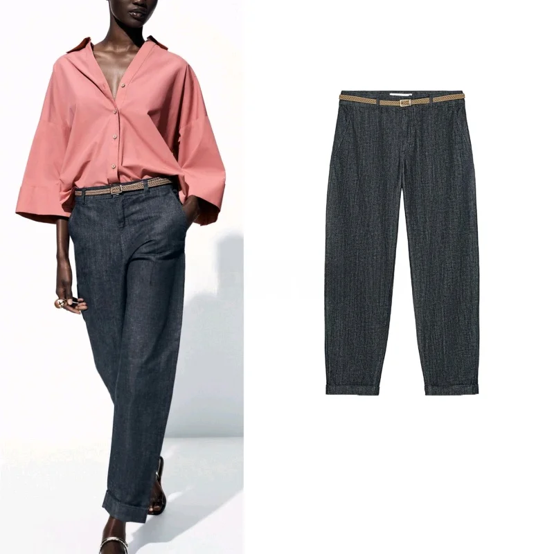 

Новое поступление лета, джинсовые повседневные брюки со средней талией и одним вязаным поясом, женские модные осенние свободные широкие брюки...