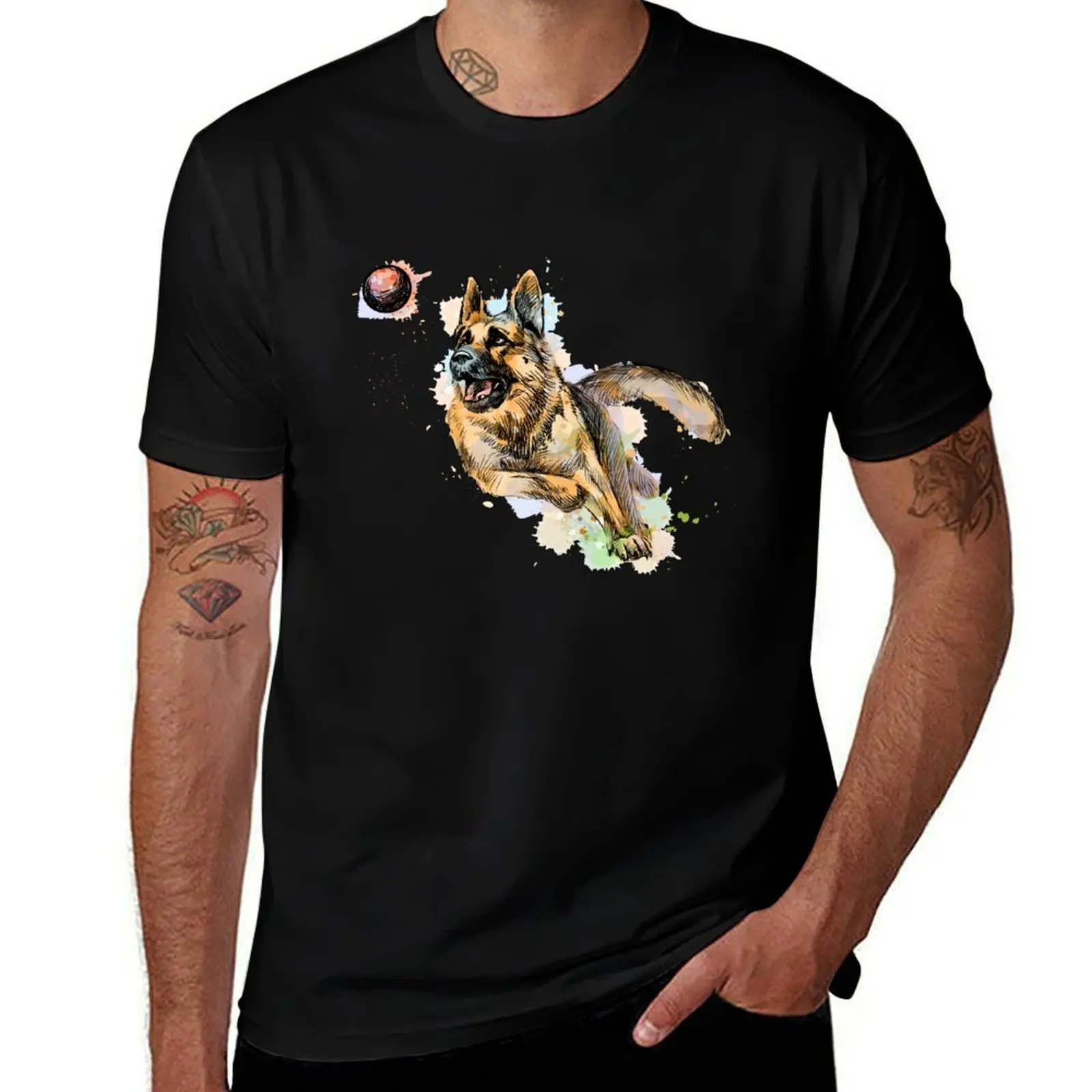 

German shepherd dog playing and catching a ball from a splash T-Shirt shirts graphic tee men tshirt