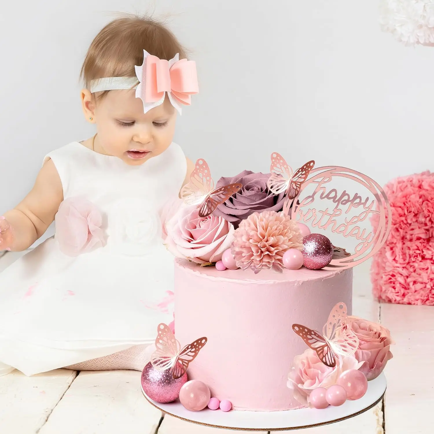 Blumen-Kuchenaufsätze, alles Gute zum Geburtstag, Kuchendekorationen mit Blumen, Schmetterlingskugeln für Hochzeit, Babyparty, Geburtstagsparty-Zubehör – Detail 4