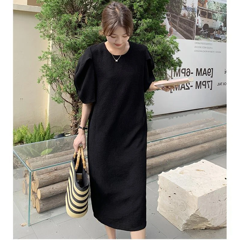 Fashion O-Neck Loose Solid Color Puff Sleeve Casual Dress Female Clothing 2024 Summer New Oversized All-match Princess Dress