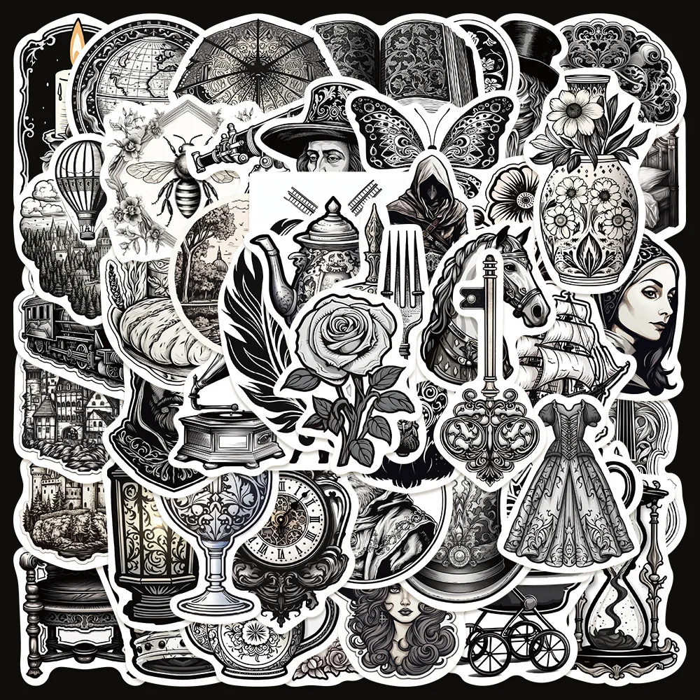 50pcs Retro Black and White Medieval Series Graffiti Stickers Suitable for Helmets Desktop Wall Decoration DIY Sticker Pack