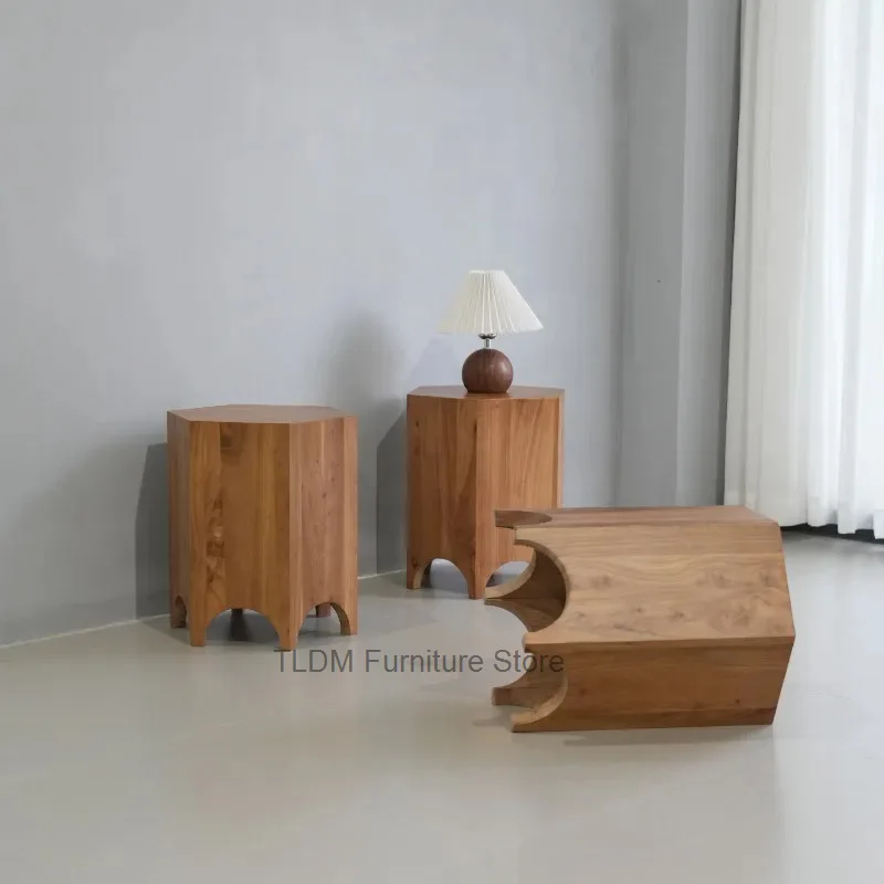 Retro Wood Side Tables, Unique Sculptural Design Nightstands with Arched Base, Wood Accent End Tables for Bedroom, Living Room