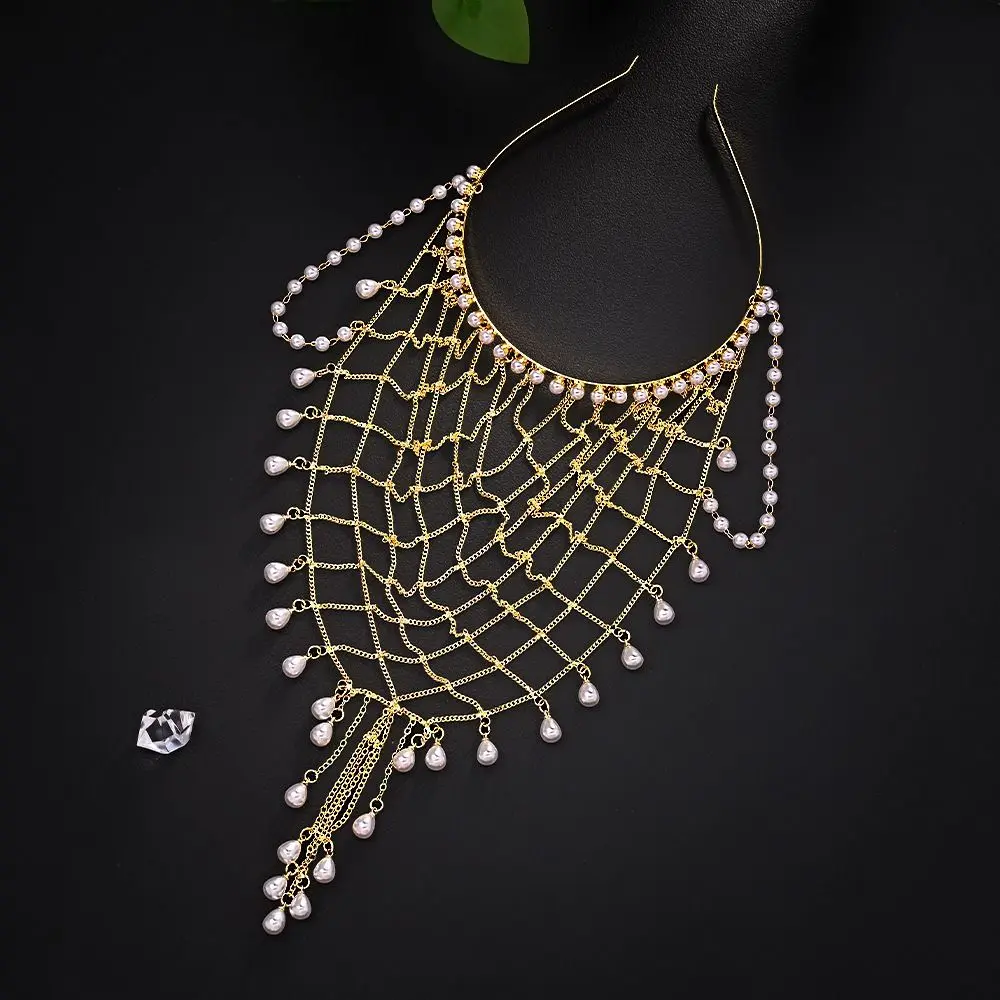 Handmade Pearl Hair Chain Draped Chain Layered Beaded Tassel Hair Net Comfortable To Wear Elegant Bridal Head Accessories