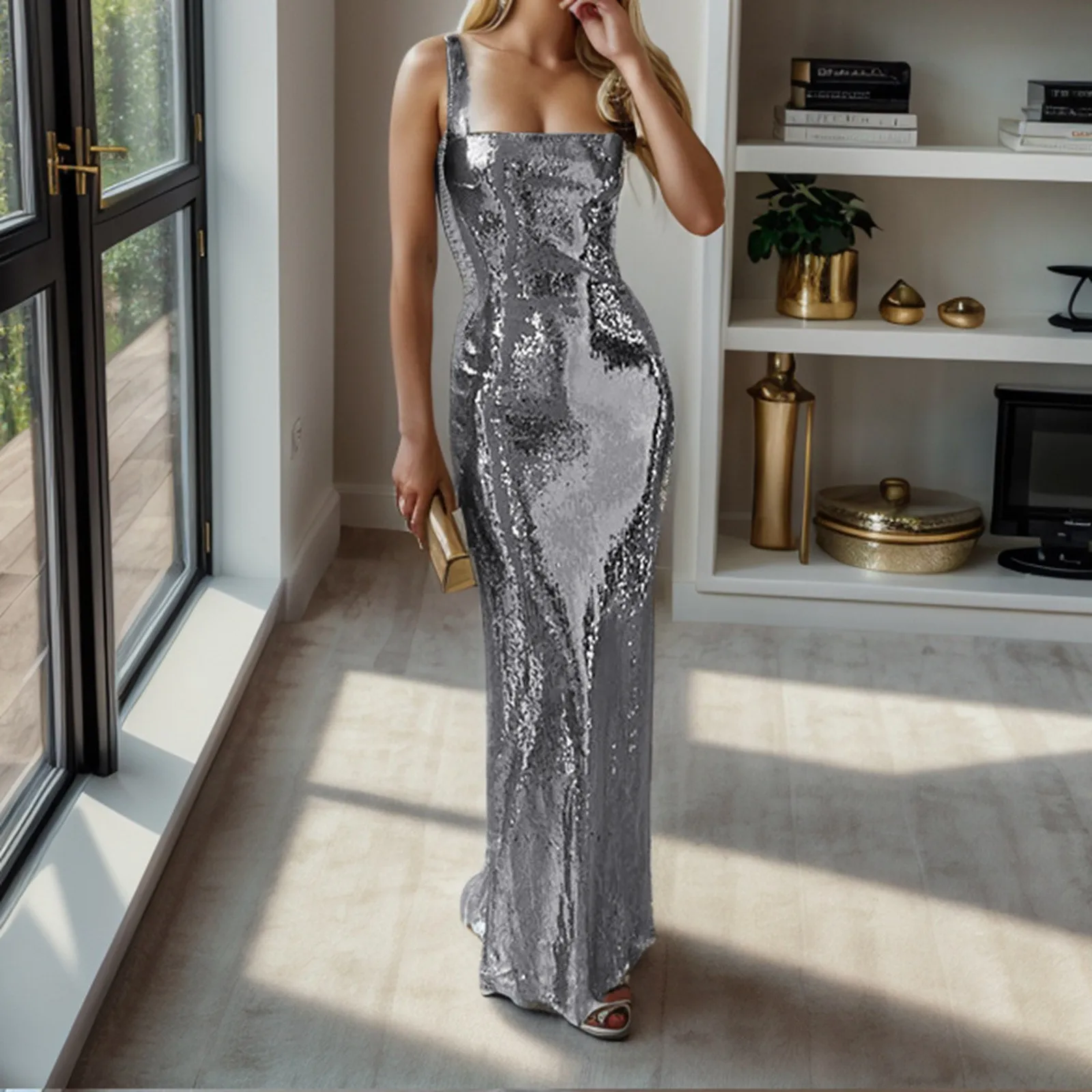 

Sexy Sling Backless Silvery Maxi Dresses For Women Fashion High Waist Bodycon Sleeveless Robes Female Evening Party Vestidos