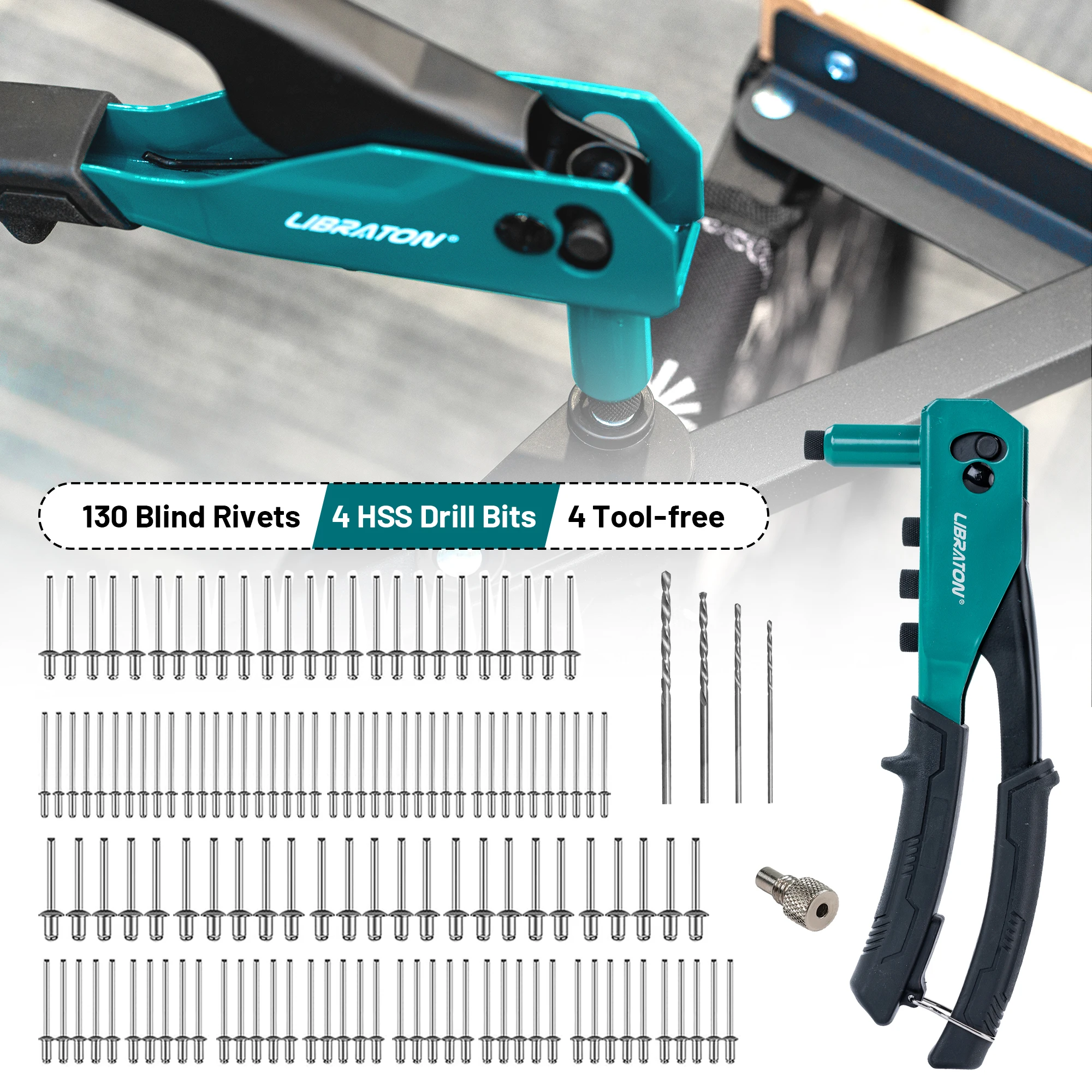 Libraton Rivet Gun Kit with 130 Blind Rivets, 4 HSS Drill Bits, 4 Tool-free Riveter Heads Heavy Duty Rivet Tool Hand Riveter