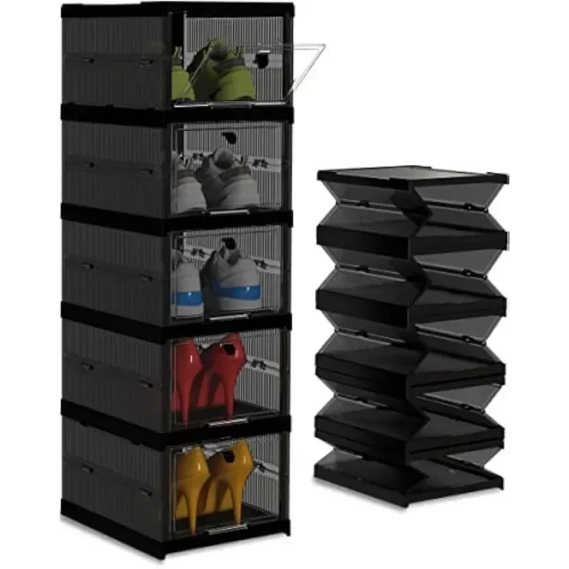 Solid Plastic Not Flimsy 5 Layers Foldable Shoe Storage Boxes or Sneaker Storage Boxes - Easy Installation- All-in-One Black