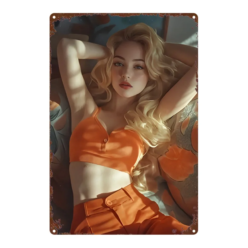 

2D Flat Metal Sign, Golden Curly Beauty Wall Art, 8x12 Inch Iron Decor for Home Bar Garage Cafe