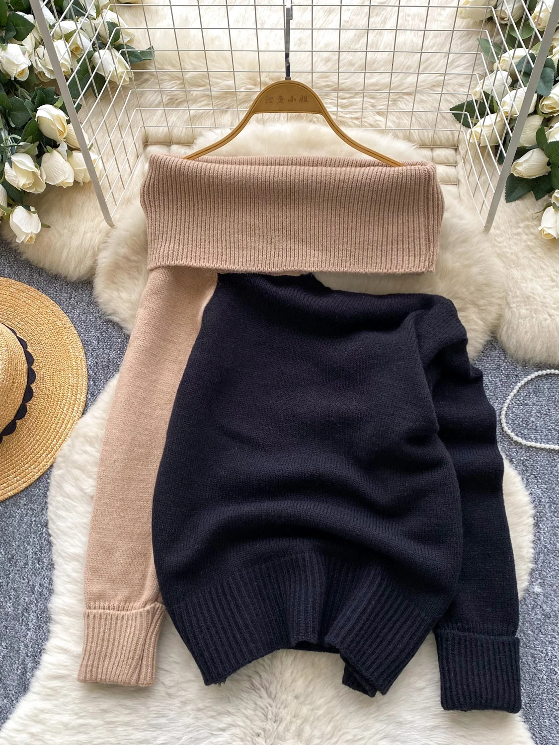 

Women's Black Gothic Knit Pullover Sweater Vintage 2000s Elegant Long Sleeves Slash Neck Patchwork Cashmere Sweater for Women