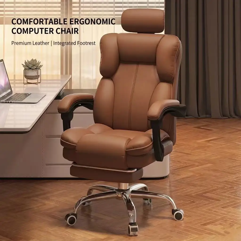 Luxuriöser ergonomischer Bürostuhl mit hoher Rückenlehne aus PU-Leder, mit Kopfstütze und Lendenwirbelstütze, verstellbar, drehbar und neigbar, für das Home Office.