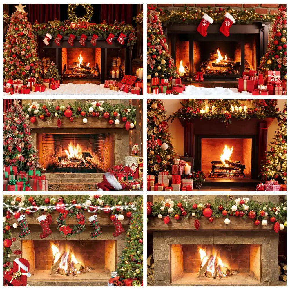 

Christmas Fireplace Fire Backdrop Burning Firewood Socks Xmas Tree Family Party Photography Background Decor Photostudio Props