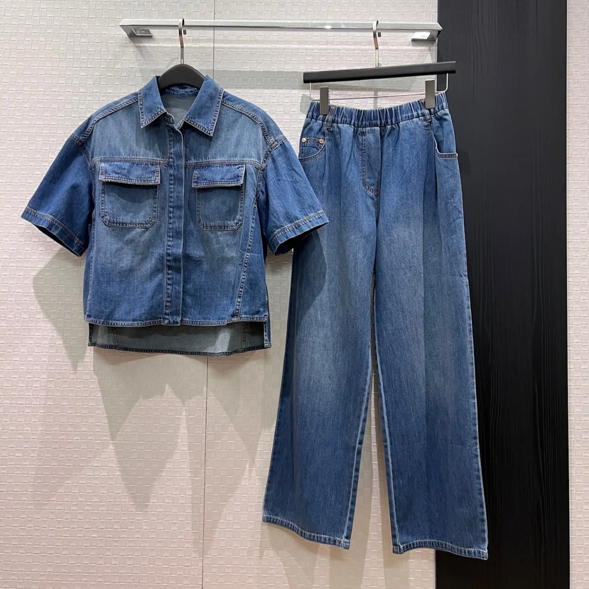 2026 high-quality women's short sleeved denim jacket with elastic waist and wide leg pants, casual set--hb805