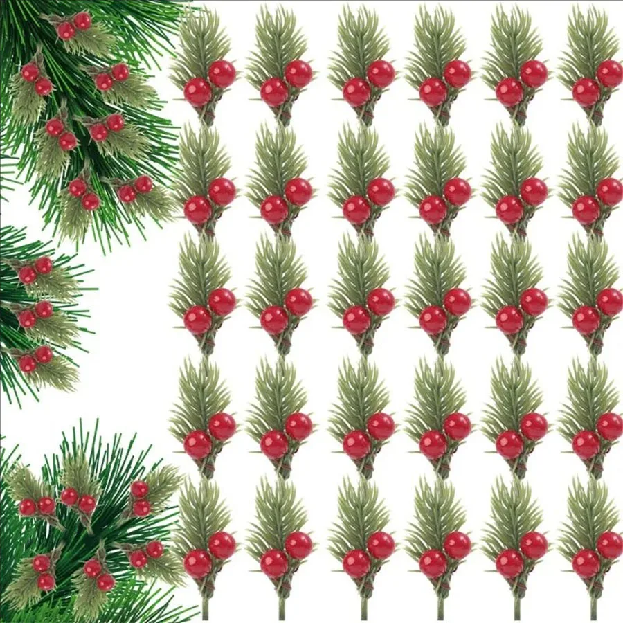 Mini Künstliche Kiefernnadeln & Rote Beeren-Sträuße, Stechpalmenzweige Weihnachtsschmuck, Heim-Innendekoration für Esstisch & Party – Detail 1