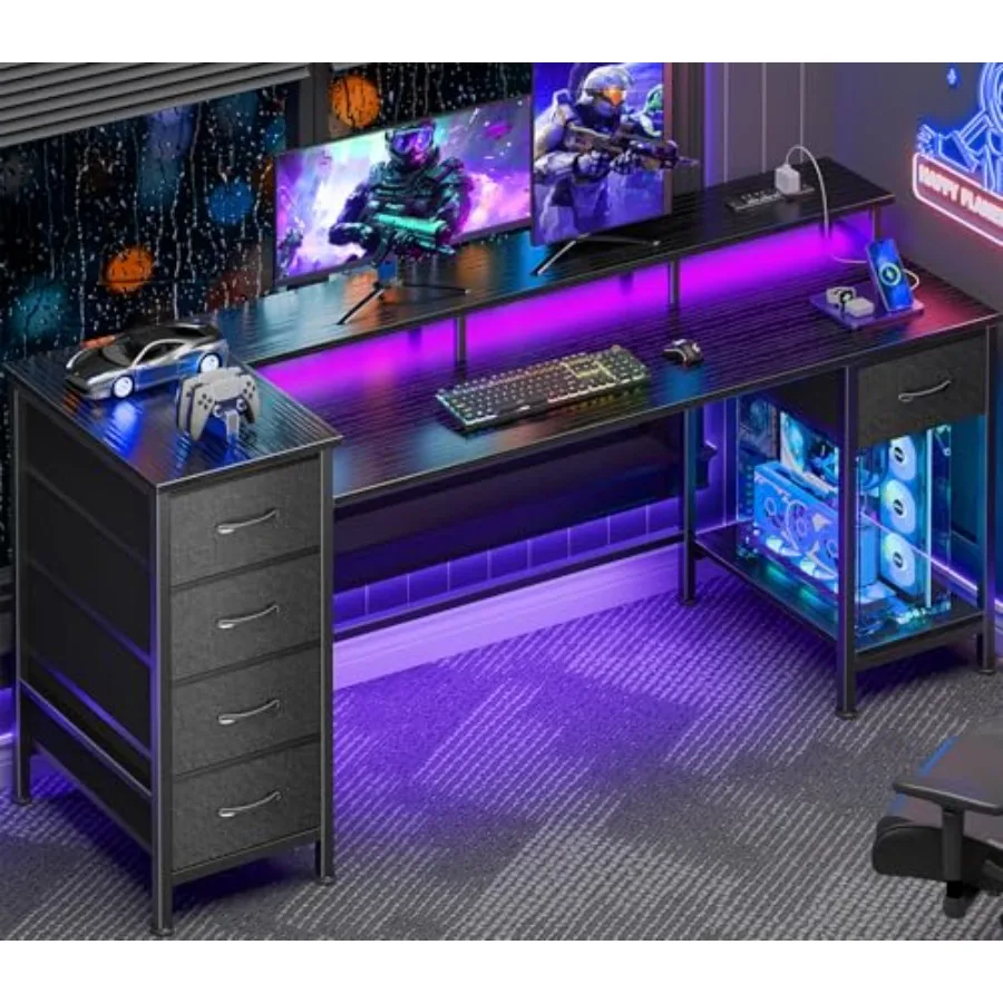Gaming Computer Desk with Power Outlets, LED, 5 Drawers