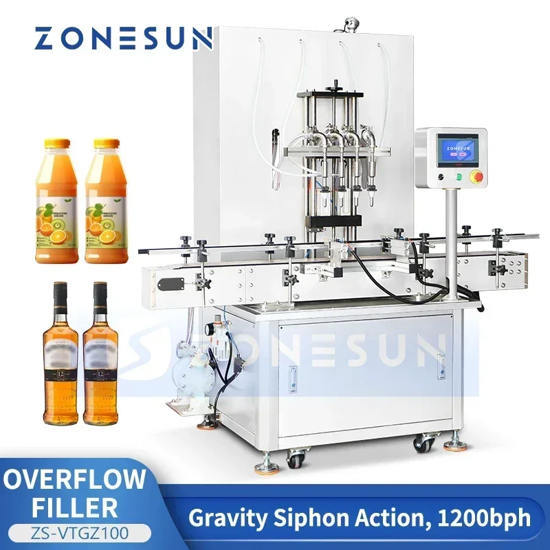 Zonesun 4 Head Gravity Bottle Filler Overflow Filling Machine Siphon Filling Equipment Wine Packing ZS-VTGZ100