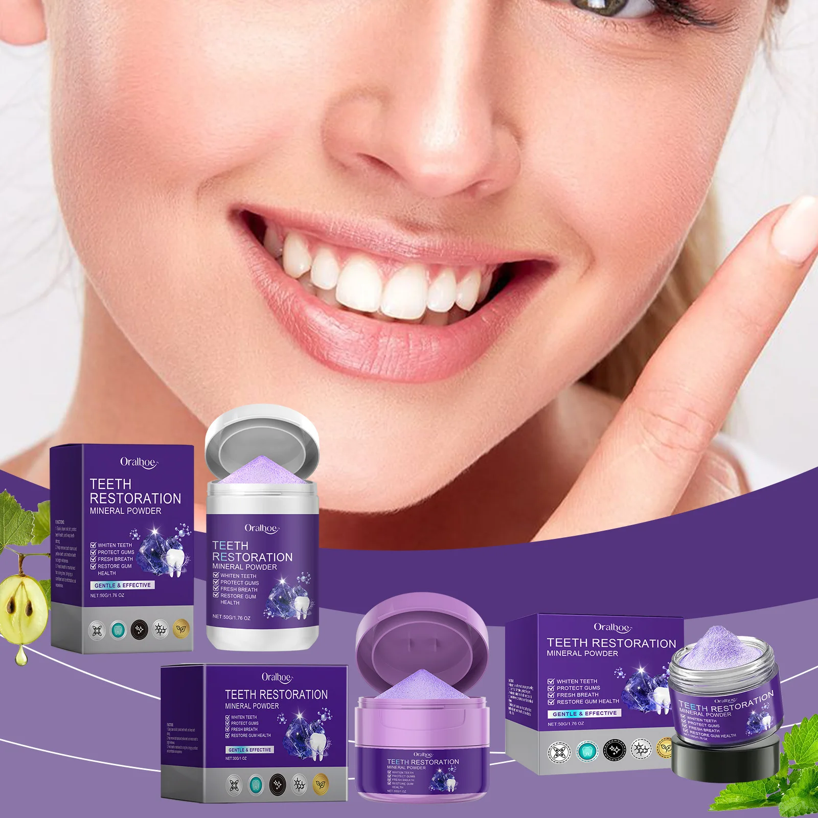 

Oralhoe Purple Teeth Powder нежно и глубоко очищает зубы, налет и освежает рот и дыхание.