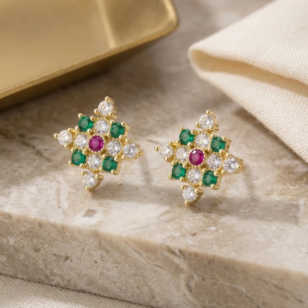 Fashion Gold Color CZ Flower Stud Earrings for Women, Jewelry for Christmas Party Daily Commute Dinner Date Holiday Gift