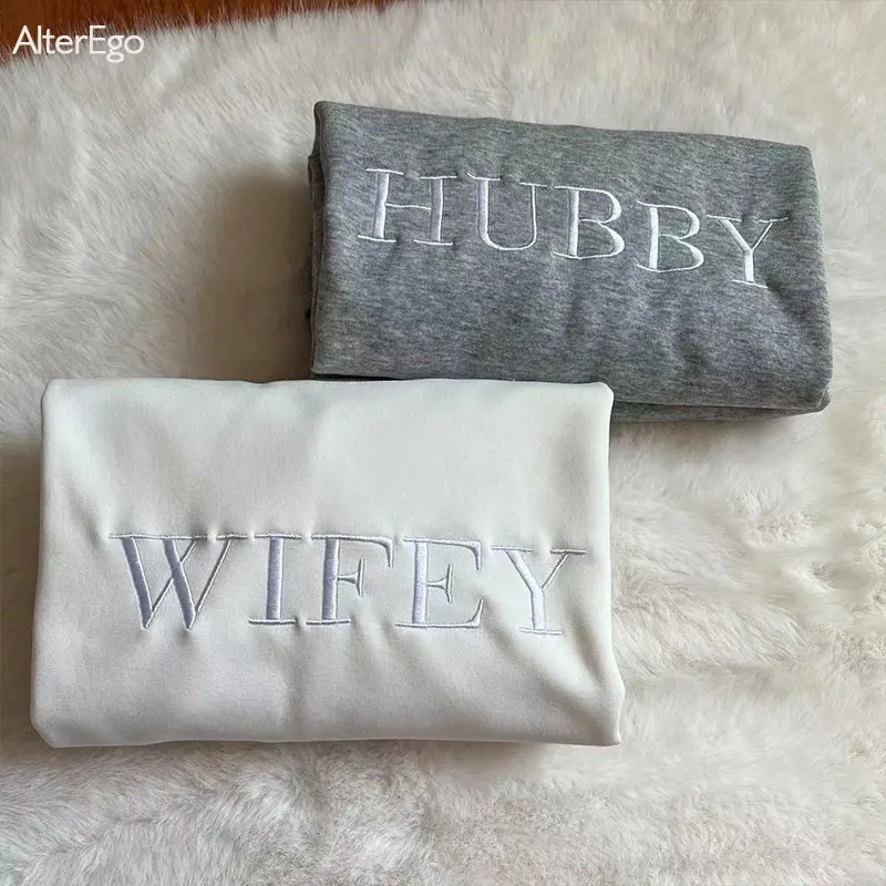 Custom WIFEY HUBBY Embroidered Sweatshirt Gift For Bride Future Mrs. and Mr. Mrs Last Name Engagement Gifts Customized Groomsman