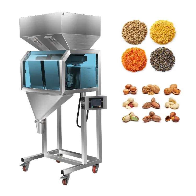 

Large Quantity Double Heads 2-5500g Semi Automatic Granules Particle Rice Bean Grain Nuts Food Weighing Filling Machine