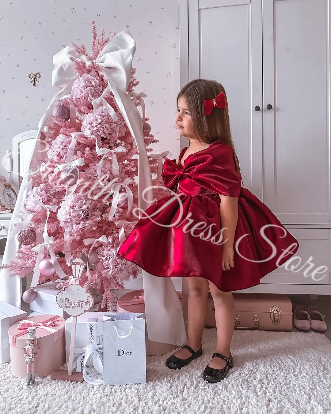 

Lovely Red Satin Flower Girl Dress For Wedding Off Shoulder Princess Customized Child First Eucharistic Birthday Party Dress