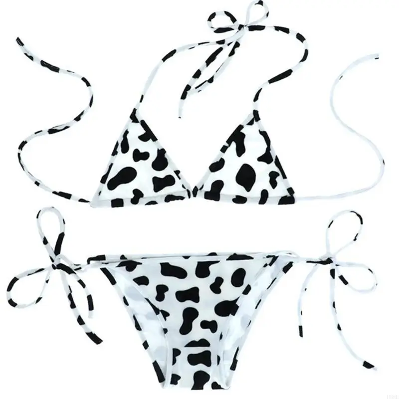 H58E Womens Set Japanese Milk Cow Dotted Mini Sets Underwear Halter Neck Bras Top with Briefs Panty