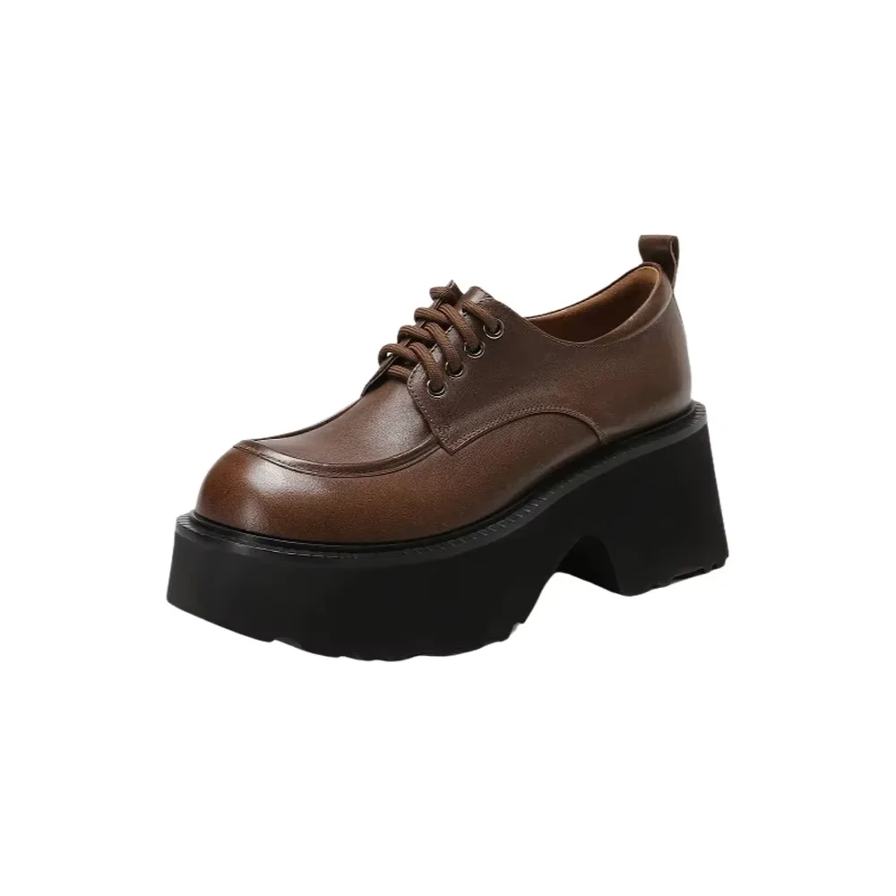 

2025 Thick Heeld Woman Shoes Platform Loafers Square Heel Genuine Leather Handmade Shoes Spring Autumn Daily Simple Footwear