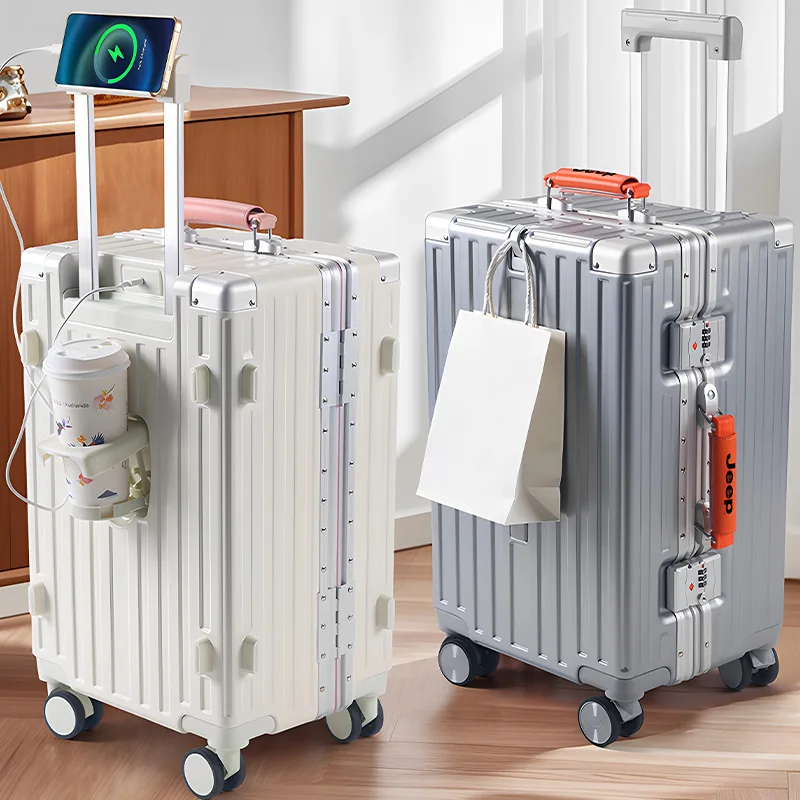 

New 28-inch Aluminium-Frame Luggage with Large Capacity 20-inch Cabin Trolley Suitcase with Cup Holder Unisex Password Suitcase