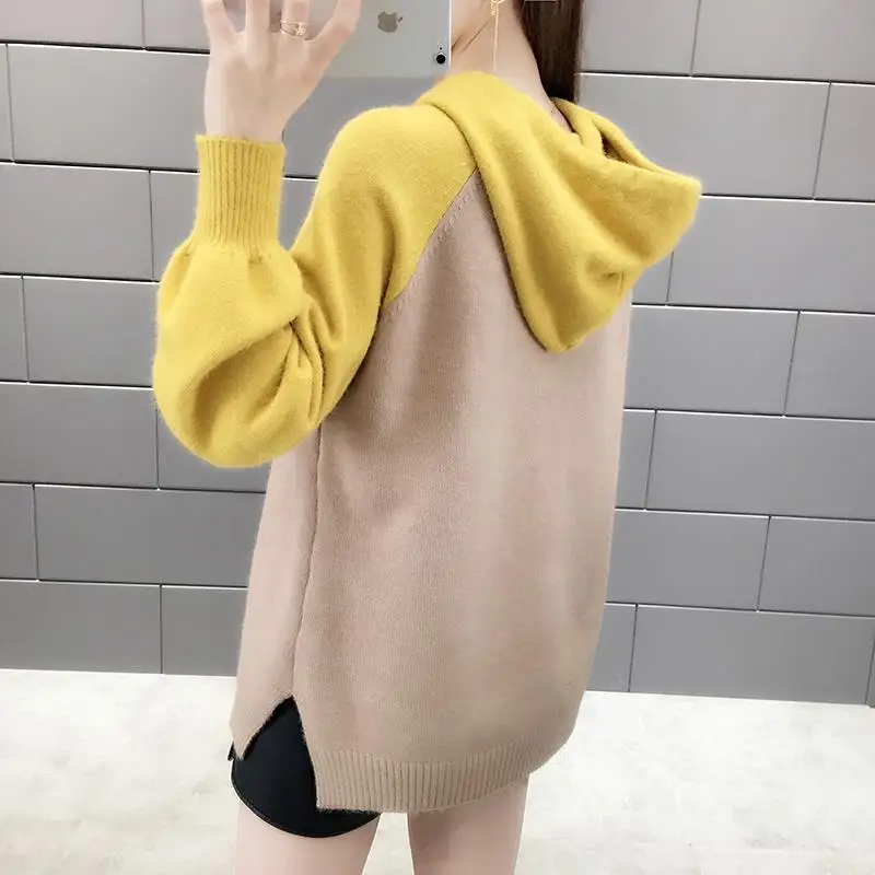 Autumn Winter Korean Fashion Spliced Hooded Tops 2023 Women's Clothing Casual Loose Long Sleeve Knitted Pullovers for Female