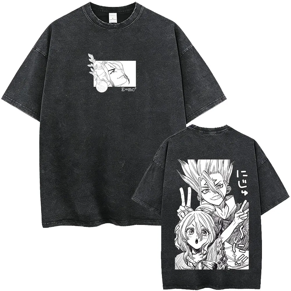 Washed Vintage Anime Dr. Stone Suika Senku Ishigami Graphic T Shirt Manga Fashion Retro T-shirts Male