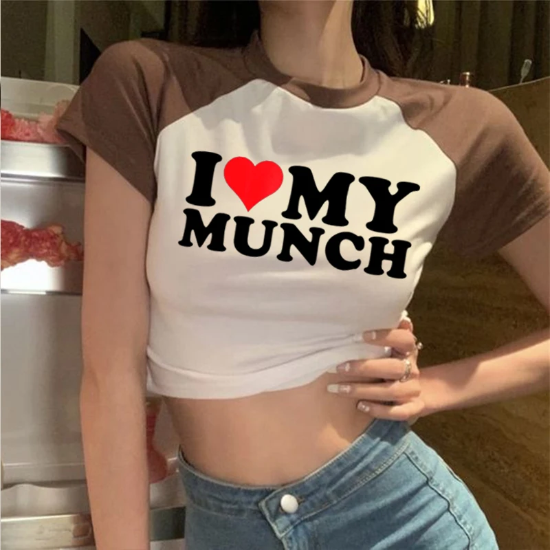 

I Love Munch Hot Letter Reflective Print Y2k Style Baby T-Shirt Street Wear Women T-Shirts Emo Girls Cropped Tops Sexy T-Shirts