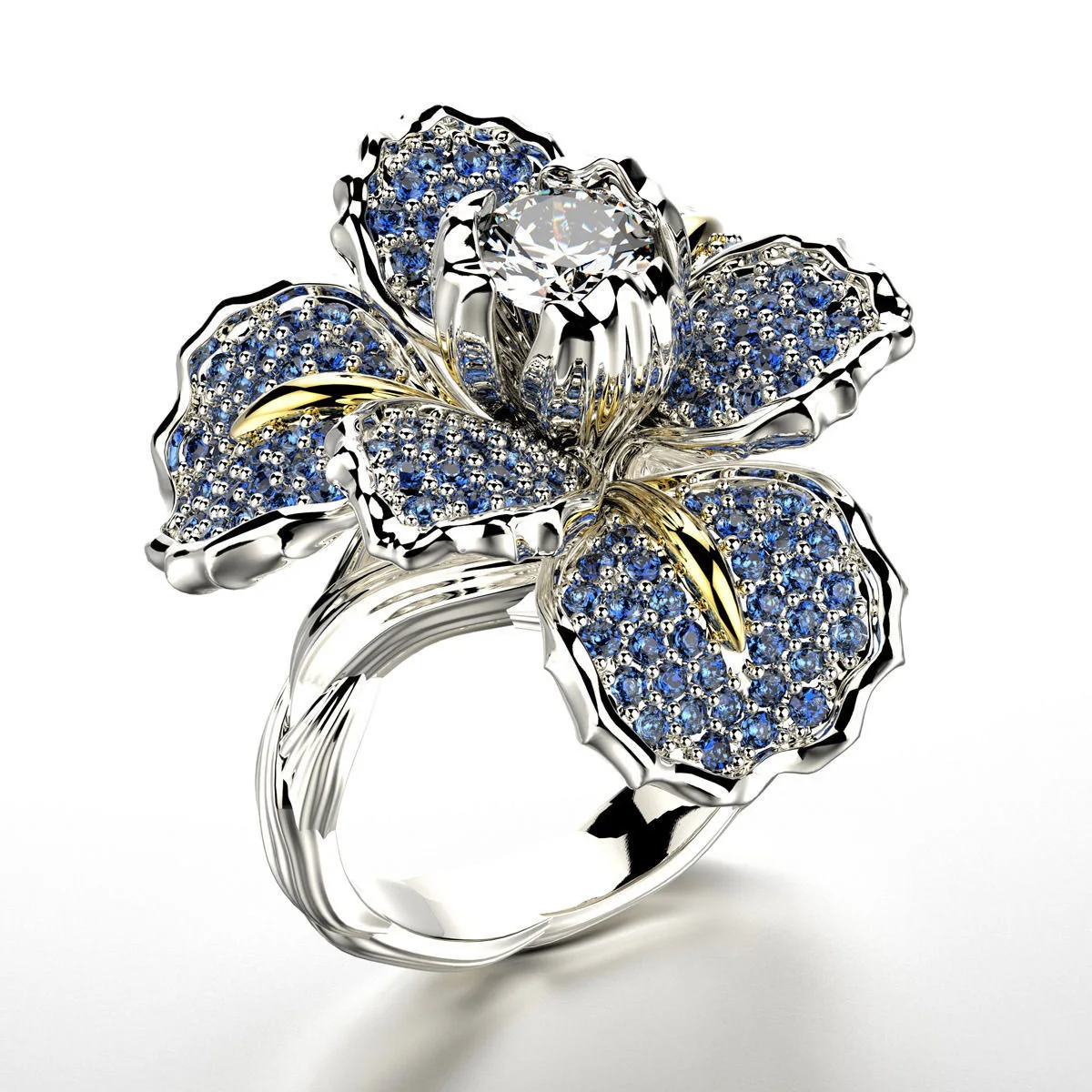 925 Silver Color Ring For Women Mosaic Full Loose Moissanite Iris Two Tone Blue Topaz Flower Party Cocktail Jewelry Ring