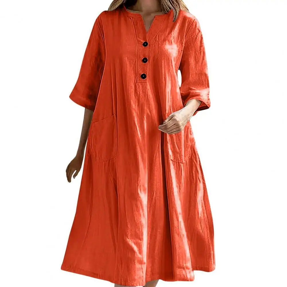 Robe mi-longue élégante à col en V, boutonnée, avec poches, pour les fêtes, ourlet trapèze, Design plissé, demi-manches, couleur unie