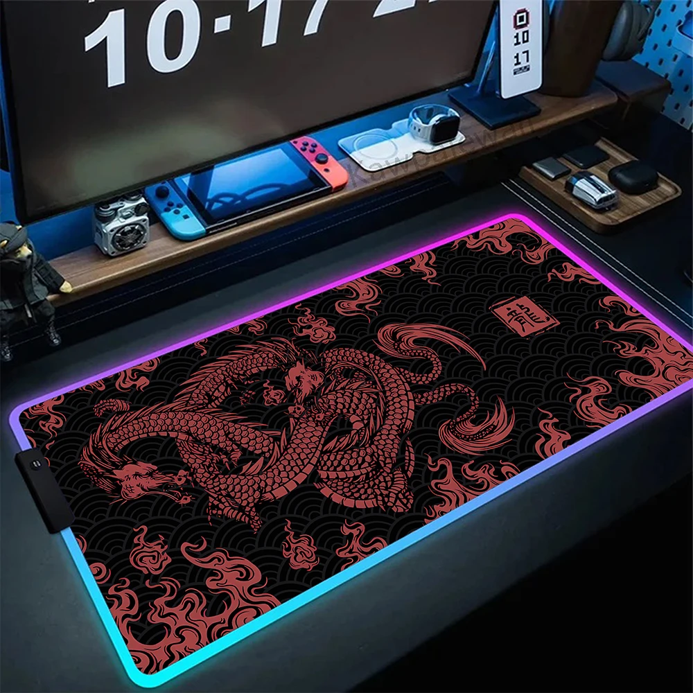 

Large RGB Mouse Pad Dragon Mousepad Anti-Slip Rubber Mouse Mat Computer Gamer Desk Mat Stitched Edge Office Gaming Table Carpet