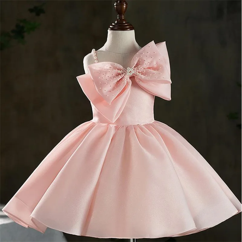 

Gorgeous Girls Princess big bow tutu Pearl Sleeveless Sling dress Children Wedding Gown baby infant Birthday Party Kids Dresses