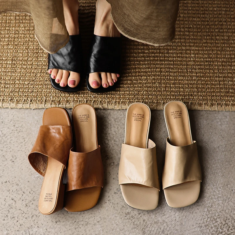 2026new summer women sandals natural leather plus size 22-25cm cowhide+sheepskin+pigskin open toe mules high heel women slippers