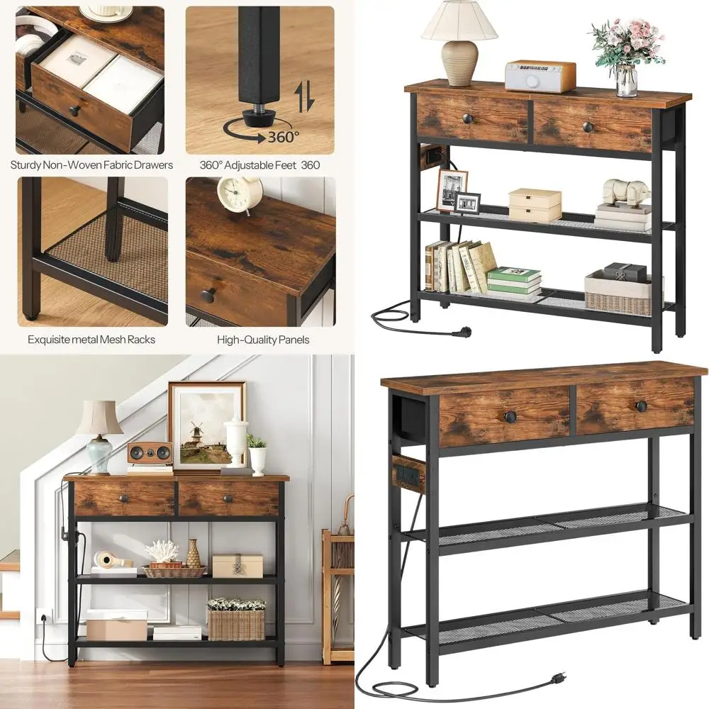 

29.5 Slim Entryway Console Table with 2 Drawers, 3-Tier Storage, Power Outlet, Ideal for Living Room or Hallway, Rustic Brown