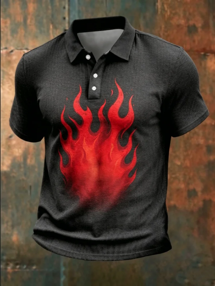 Men's Slim Fit Flame Print Polo Shirt, Bodycon Design for a Sculpted Silhouette