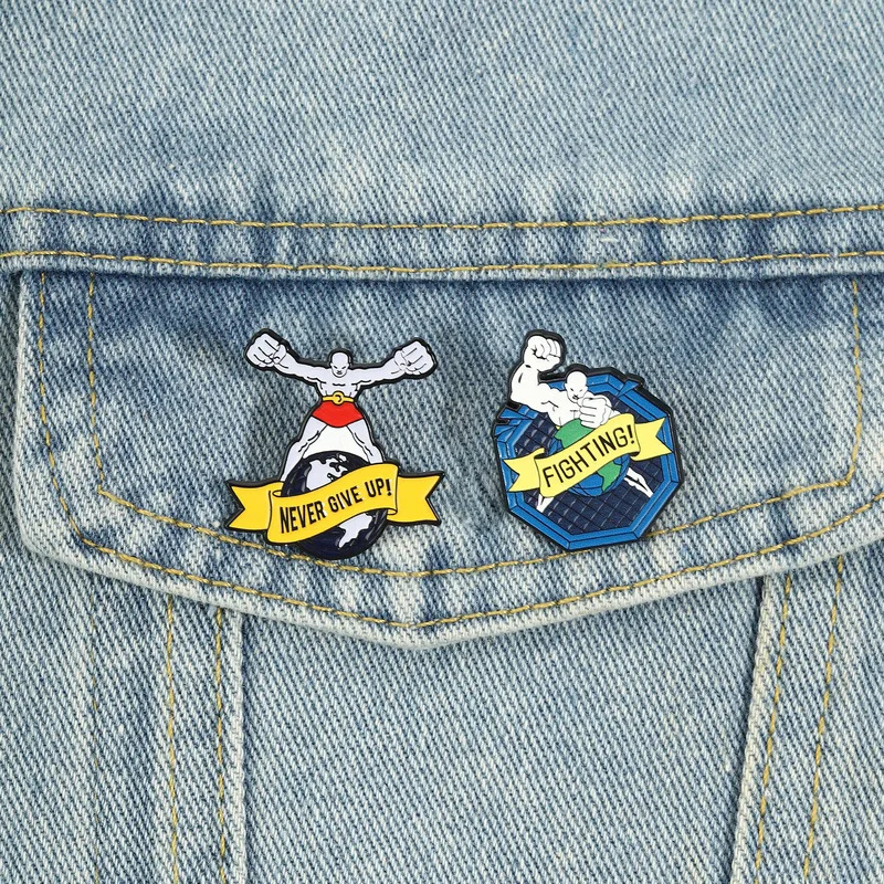 Inspirational Fitness Man Enamel Pin Power Muscle Figure Globe Brooch Positive Slogan Backpack Lapel Badge