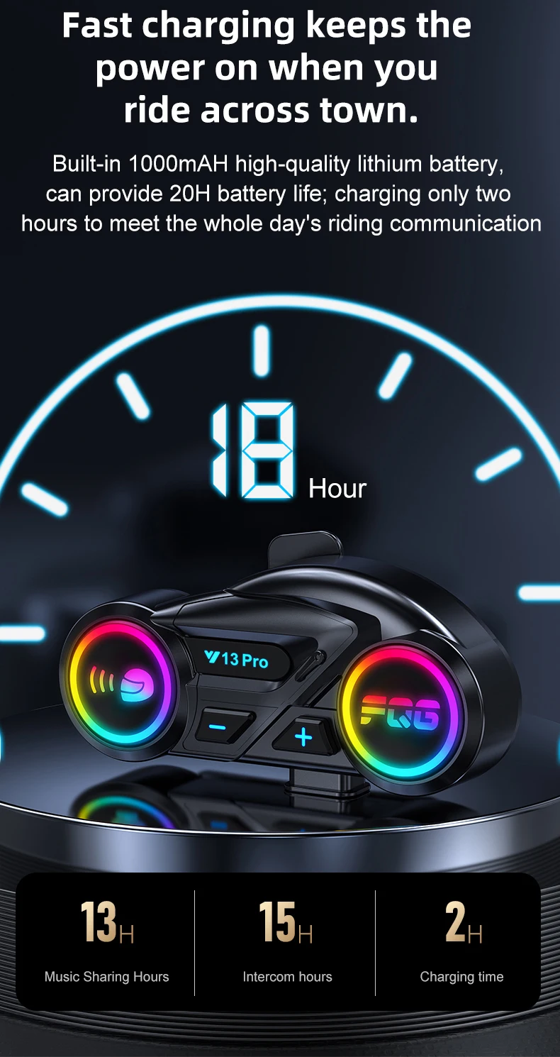 Y13 Pro Motorrad Helm Bluetooth Headset Intercom Entfernung 500M Chip V6.0 Stereo FM Radio Mischen Musik Teilen – Detail 10