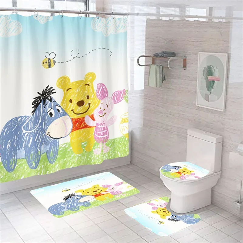 Disney Cartoon Shower Curtain Set Waterproof Bathroom Curtains Anti-slip Soft Bath Mat Toilet Rugs WC Carpet