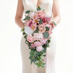 YeeNanee Rustic Cascading Wedding Bouquets for Bride Purple Pink Artificial Flower Waterfall Bridal Bouquet for Wedding Ceremony