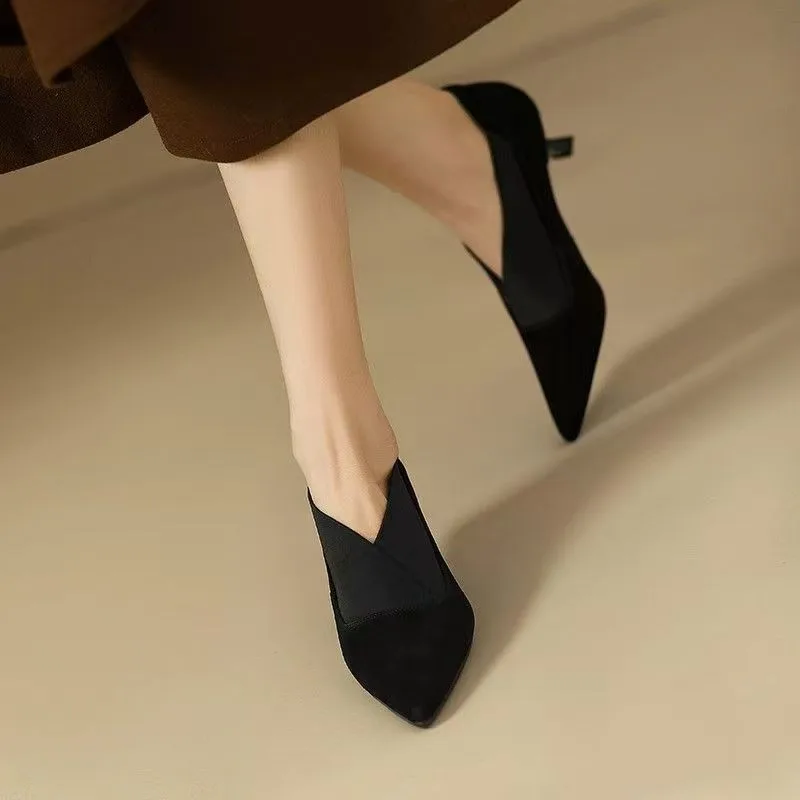 Women\'s Thin Heel Shoes Autumn New Pointed Mid-mouth Suede Slip-on Low-top Shoes with Anti-slip and Wear-resistant Temperament