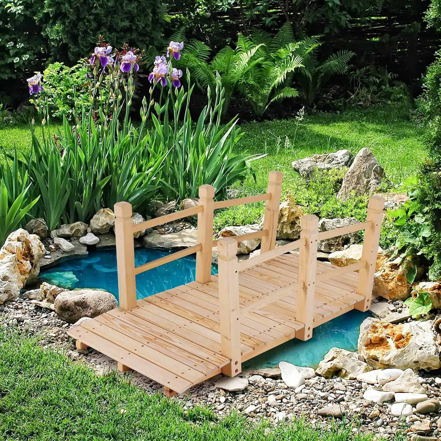 5 FT Wooden Garden Bridge, Arch Stained Finish Footbridge with Double Safety Rails, Outdoor Fir Construction, Customized