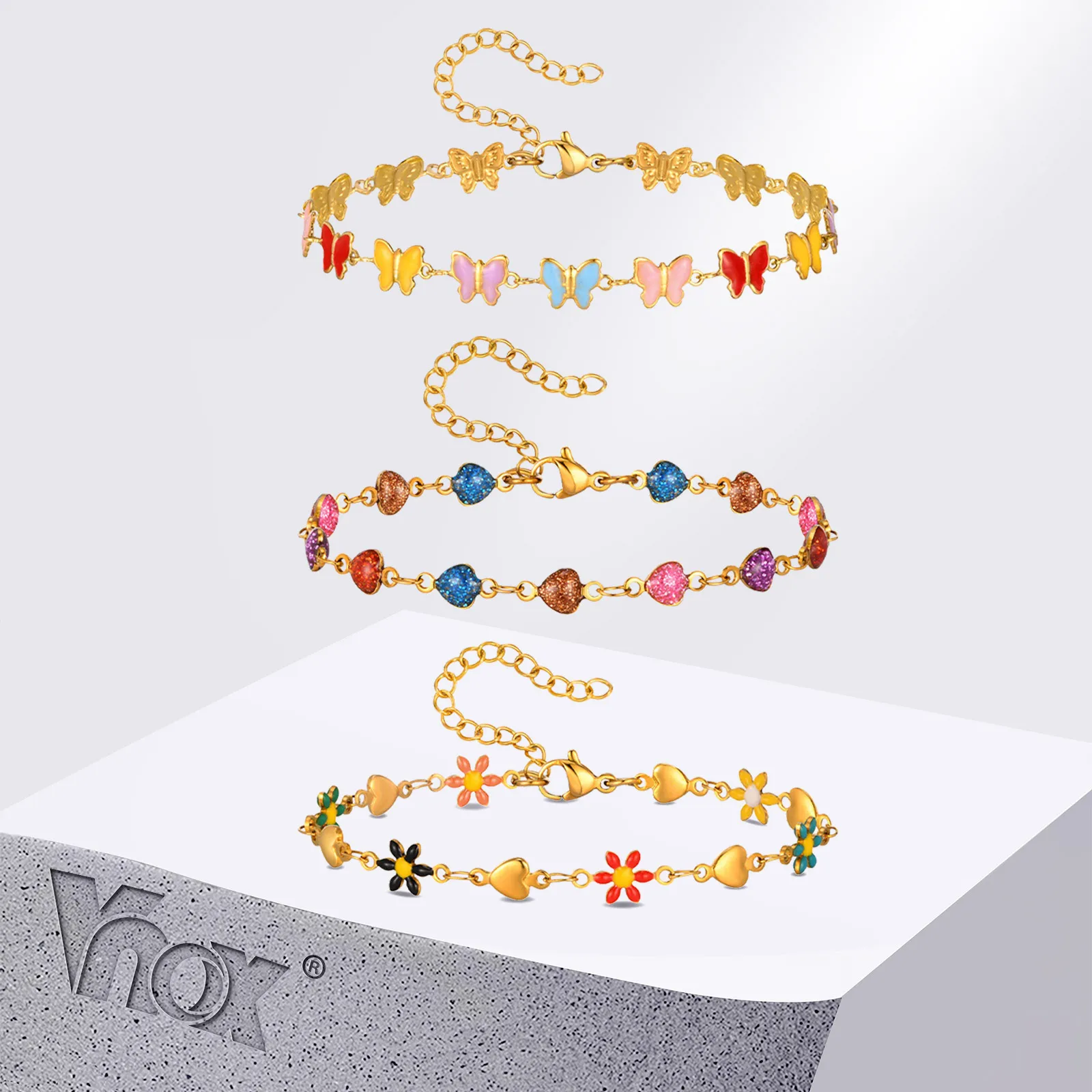 Vnox, recién llegado, pulseras de cadena con eslabones de mariposa y flor de corazón esmaltado colorido para niñas, pulsera Y2K, joyería Retro ajustable