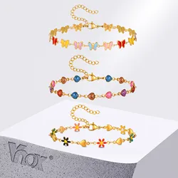 Vnox New Arrival Colorful Enamel Heart Flower Butterfly Links Chain Bracelets for Girls, Y2K Wristband Adjustable Retro Jewelry
