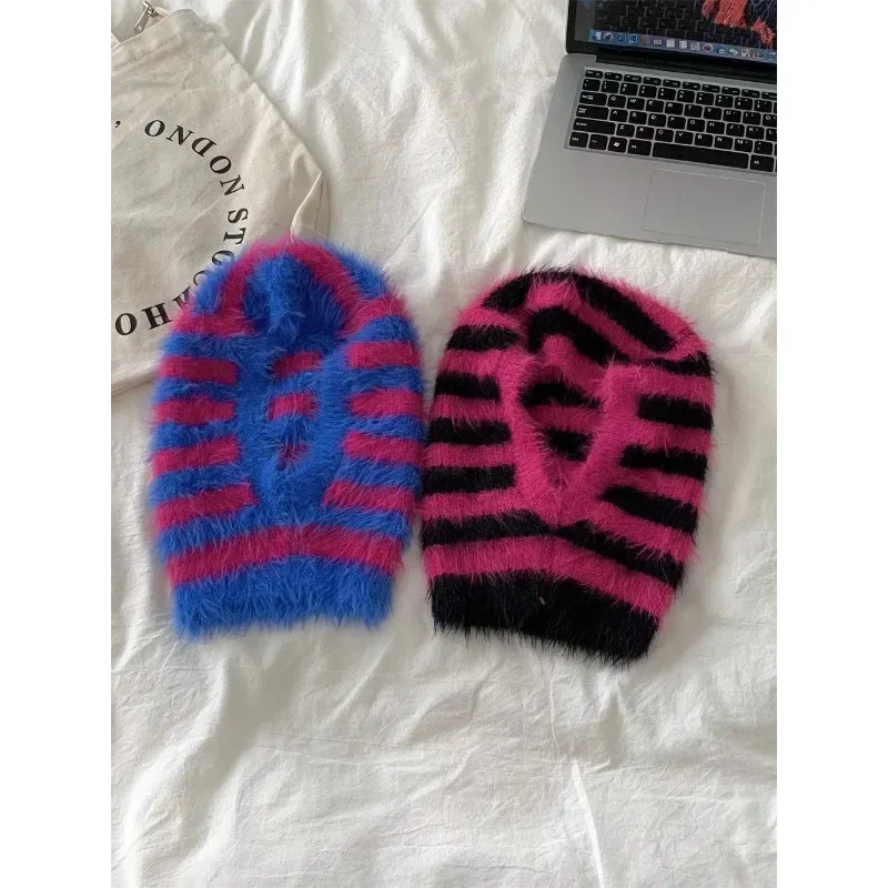 Korean Design Striped Color Matching Balaclava Hats Autumn and Winter Ins Fluffy Warm Pullover Knitted Beanies Caps for Women