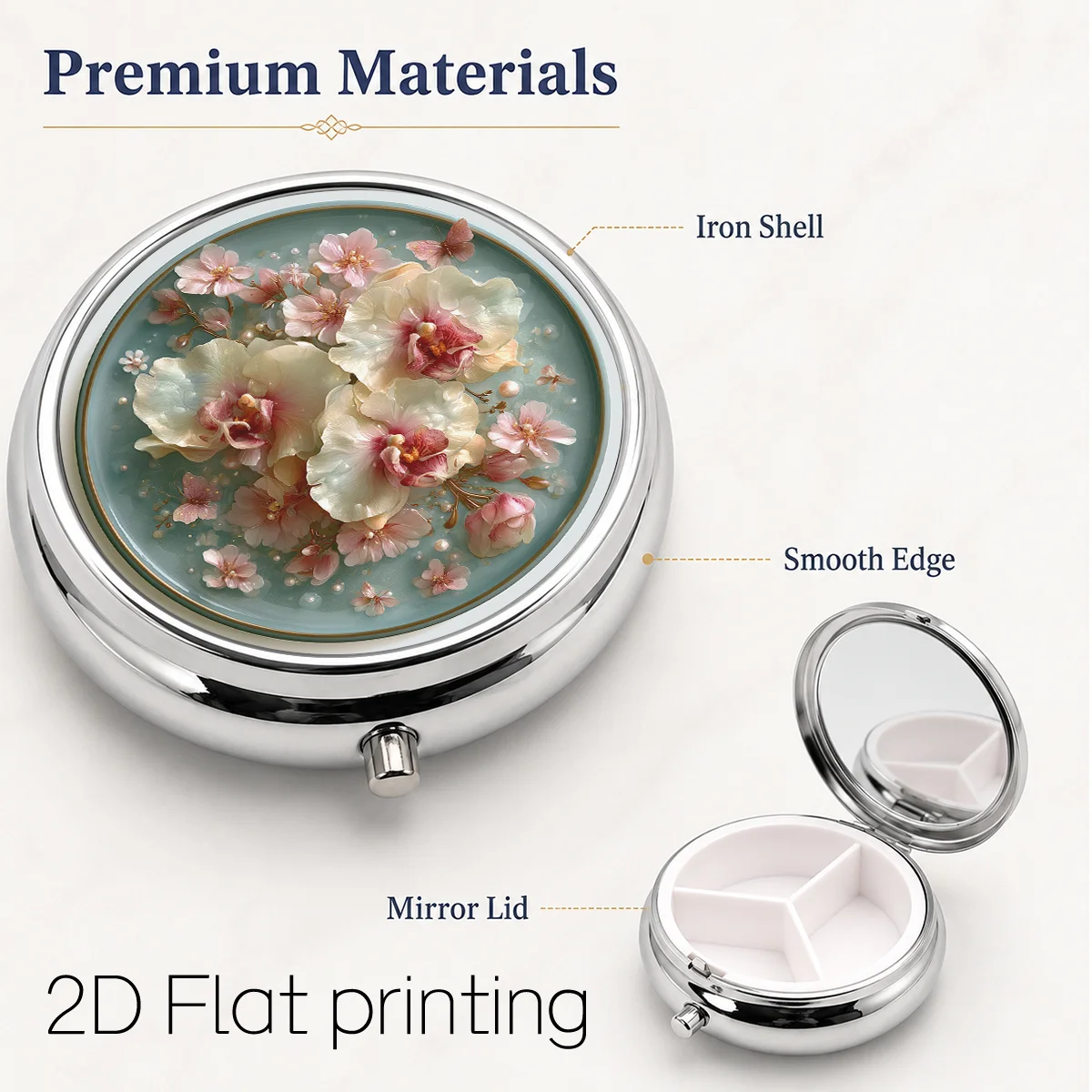 Single-Piece, Flat, Retro Floral Embossed Character Illustration, Portable Daily Travel Moisture-Proof Small Pill Box, Multifunctional Storage Box for Storing Vitamins and Health Supplements, Small Jewelry Storage Box, Waterproof Storage Box, Flat Design